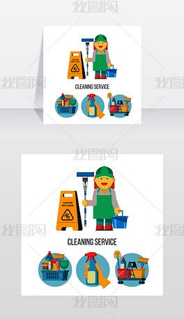 清洁服务的图标集专业的拖把和水桶清洁女工矢量图